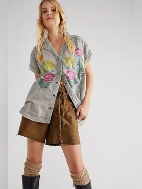 We The Free Wipeout Embroidered Floral Button-Front Shirt